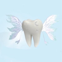 a tooth with wings on a blue background