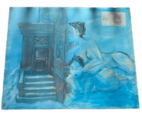 a painting of a woman sitting on a bed in front of a house